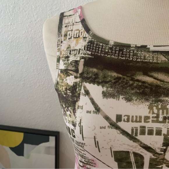 Tank top in green and pink on cream print (abstract photo/ letters mix) - Picture 2 of 8